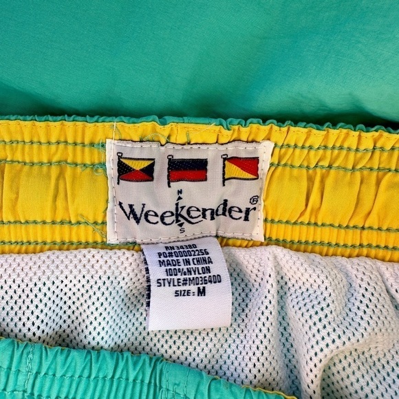 WEEKENDER, MENS, AQUA BLUE WITH YELLOW TRIM, SWIM TRUNKS. 2 SIDE POCKETS. SIZE M - Picture 6 of 8